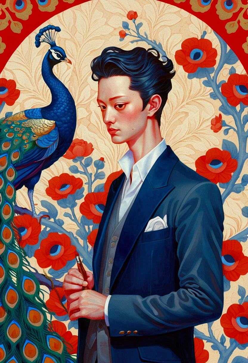 A painting,There is a man in the painting,With a peacock's tail and eyes, James Jean style, James Jean art, James Jean artwork, James Jean ”, James Jean!