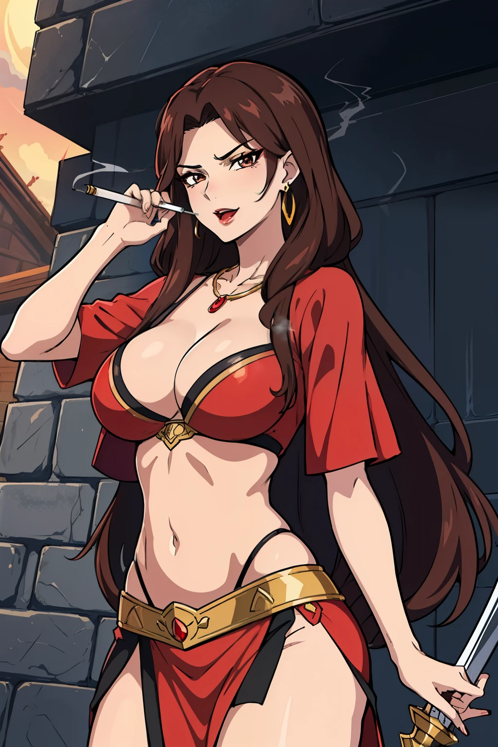 smoking a cigarette
,holding a cigarette,
jewelry,midriff,gem,earrings,necklace,
brown_hair,brown_eyes,Very_long_hair,lipstick,makeup,red_lips,Hot girl, baddie, staring, glaring, bad attitude, mean girl, dare, angry, hate, crazy, smoking, sensual, attractive,
1 girl, 20yo,mature female,Beautiful Finger,Beautiful long legs,Beautiful body,Beautiful Nose,Beautiful character design, perfect eyes, perfect face,
jewelry, earrings, masterpiece, best quality, highly detailed, fantasy , a anime girls in armored dress holding a sword
posing for a picture, evil smile, smile, open mouth, breastplate with open cleavage, cleavage, warrior
outfit, ecchi anime style, anime girls, ecchi style, (nsfw) not safe for work, ecchi, digital anime art!!, in
anime style, official artwork, visual novel cg, beautiful anime girl, anime style 4 k , loincloth, exposed
belly, exposed navel, exposed midriff, exposed lower belly, pencil skirt armored, castle,inside castle