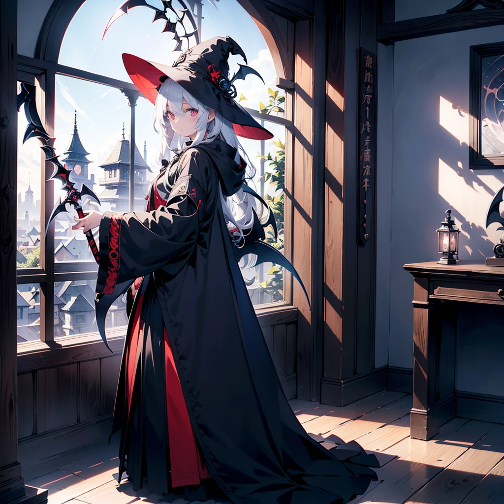 score_9, score_8_superior, score_7_superior, sauce_anime, masterpiece, Highest quality, High resolution, Highly detailed CG, Absurd, In the dark night, Midnight, indoor, in a dark and mysterious mansion, One girl, alone, ((Expressionless)), A Magus girl with white hair With a lantern and carry a magical Sickle, Witch Hat, Frilled short skirt, red and black outfit, Sickle, テーブルのsuperiorの頭蓋骨, Decorate the walls with bones, black_theme, Candela, ((mysterious)), ((Occultism)), (black_magic),For more information, click here XL,(((Perfect hands))), ((With a lantern)),((indoor))