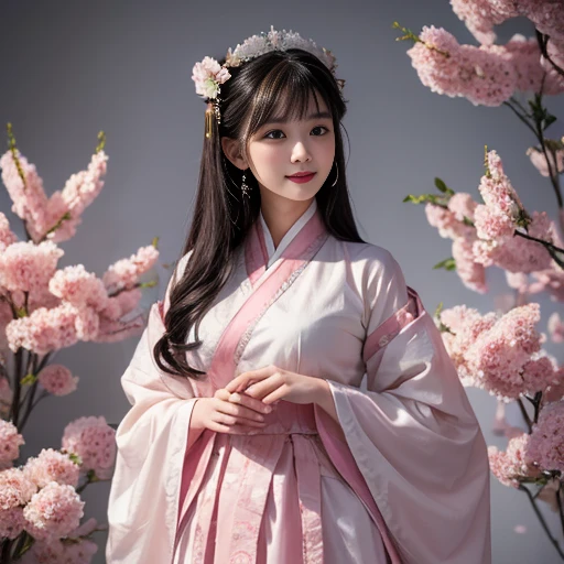 best quality, Delicate face，beautiful visual work, lifelike, eternity, black hair, Long curly hair, blunt bangs, Smile, Detailed Background, Delicate face，pink blush，cold，((masterpiece))、(top quality)、8k、high detail、Super detailed，21 years old female，Wearing the costume of a Tang Dynasty maid、Clothes are light and fluffy，Hanfu, Seductive and whimsical style、masterpiece、born、Scenes resembling fairy tale illustrations、intricate details和複雜的設計、Beautifully、magic、capricious、 Beautifully、Dream aesthetics、「𝓡𝓸𝓶𝓪𝓷𝓽𝓲𝓬、ethereal、charming、fickle、magic」、realism、Visual effects、FXAA、SSAO、Shader、voiceless、ambient lighting、Tone mapping、High resolution、Ultra high quality、Million pixels、(8K resolution:1.10)、8k、8k以下、8K resolution、high detail、intricate details， (high quality:1.2、masterpiece:1.2、:1.21)、(21 years old female:1.21)、(興奮地Smile)、(Surrounded by a dreamy atmosphere、Model diagram，full-body shot，Normal 2 feet，Don't show your fingers，Big ，G cup