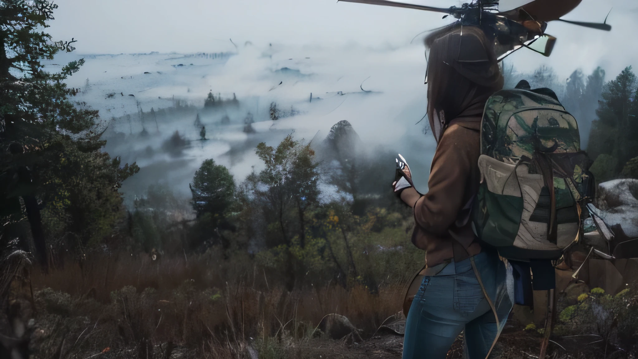 "Rear view of a dirty woman with a brown sweatshirt, Green backpack, blue jeans, long brown hair, stop in the right corner of the image. She holds a gun, an ax in the backpack stained with blood, helicopters flying overhead, forest with fog, The center of the image focuses on the Chaotic Forest.