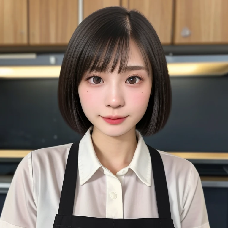 (kawaii 18 year-old Japanese girl, Nogizaka idol, Korean idol, highschool student), healthy female athlete body, (glossy black hair, short hair, pixie cut, bangs:1.3), (rounded face, beautiful black eyes, single eyelid, no makeup, looking at something out of frame:1.2), (collared shirt unbuttoned, apron:1.3), extra small breasts, BREAK, (traditional europian cafeteria background, working at the cafeteria:1.2), (dynamic angle, bust shot:1.2),  BREAK, (masterpiece, best quality, photo realistic, official art:1.4), (UHD, 8K quality wallpaper, high resolution, raw photo, golden ratio:1.3), (shiny skin), professional lighting, physically based rendering, award winning, (highly detailed skin, extremely detailed face and eyes), Carl Zeiss 85 mm F/1.4, depth of field, 1girl, solo,