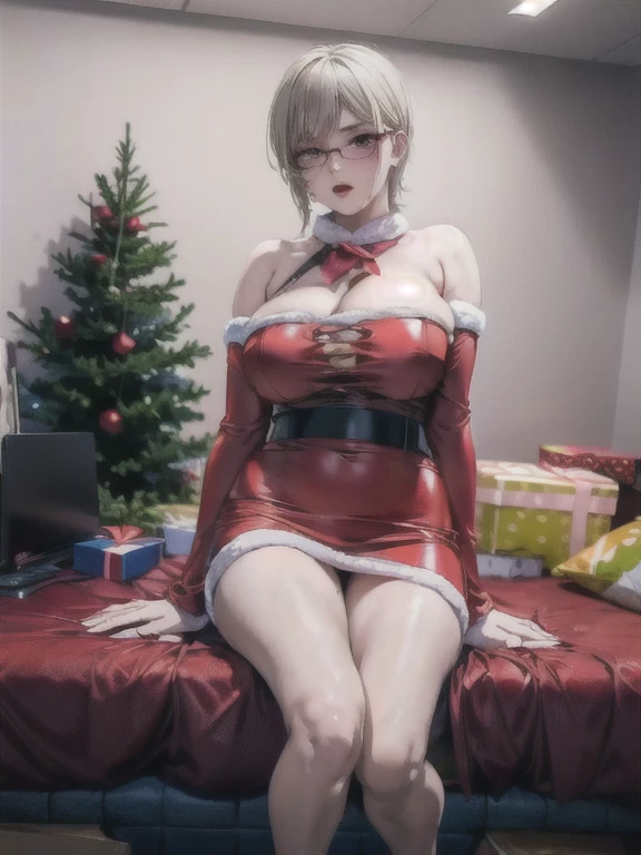 ((Highest quality)), ((masterpiece)), (detailed), One Girl,(Knee-length),Santa,Santaクロース,Cosplay,whole body,,Underbust,Glasses,22-year-old woman,valley,((Hunchback)),(Naughty look),short hair,(Loose perm),((Excited expression)),Browsing Caution,nswf Japanese,(Attractive appearance),atmosphere,rotor,blush