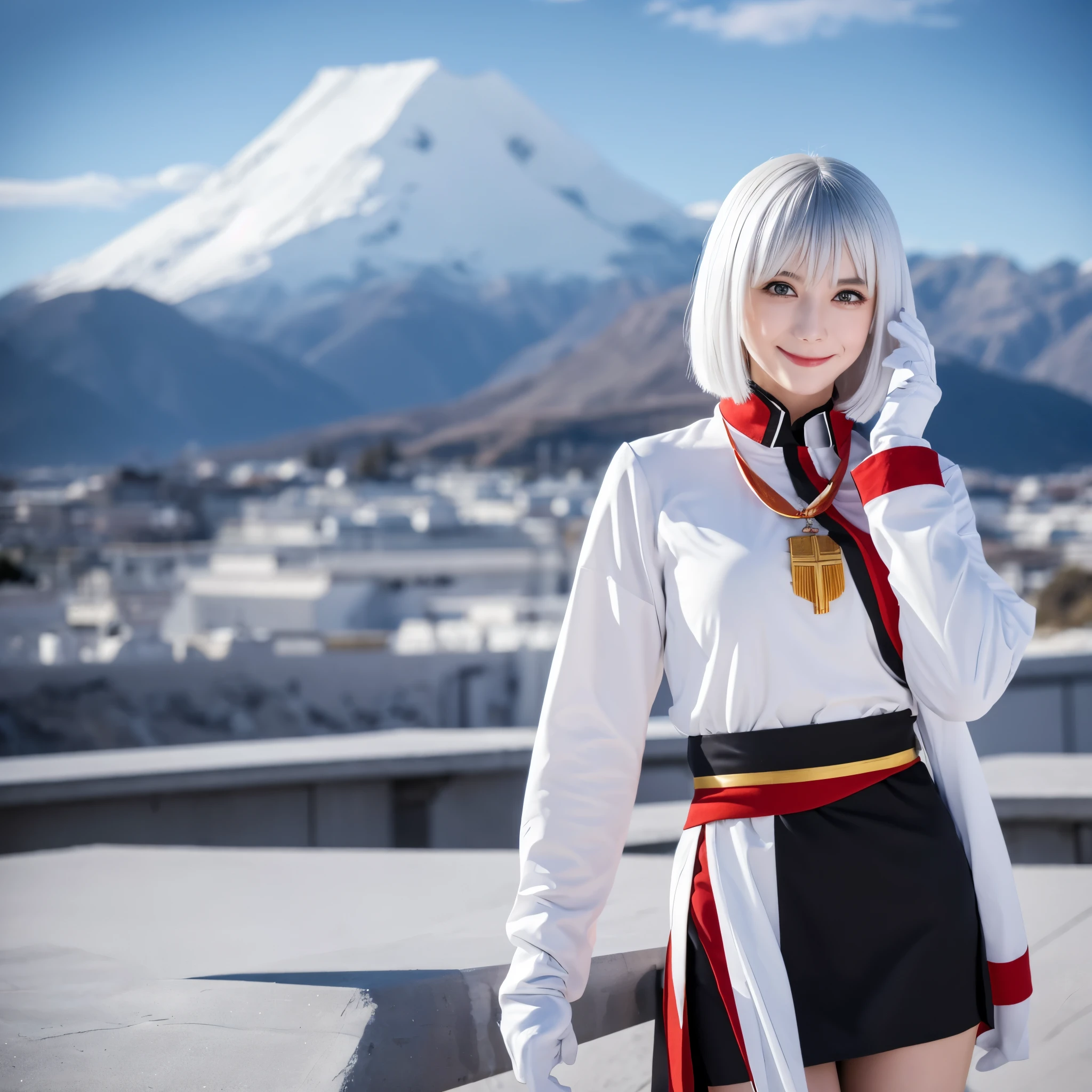 A woman wearing a military dress, a white long-sleeved shirt with red details, a red arm band with an iron cross, an iron cross necklace, a black skirt, black metal boots, white gloves, a white fur cape, white hair, short hair , ice blue eyes, smiling, Azur_lane, KMS_Tirpitz, white military hat with iron cross, standing on a concrete platform, place with winter weather, full of snow, snow-covered mountains in the background, place at sunset Sun.,UHD , prime work , accurate , anatomically correct , textured skin , super details , high quality , best quality, 8k, high resolution, bokeh effect. (woman solo), close view