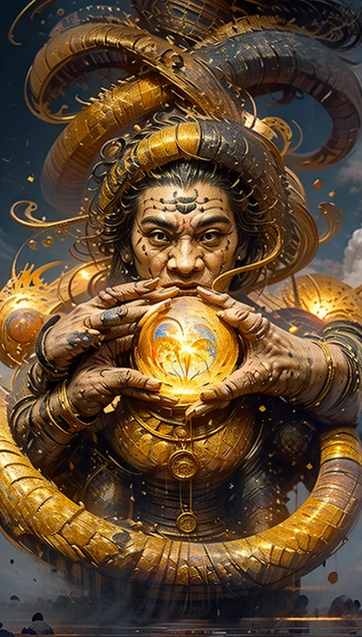 Create a legendary image similar to a Thai giant with a full face, black skin, ancient pattern. Gold-colored jewelry with two large hands holding a large yellow moon in a semi-circular mouth. The air is filled with swirling clouds. Dynamic light sources in the background. Take wide-angle photos Unlimited details, Realistic 64K UHD with cinematic lighting