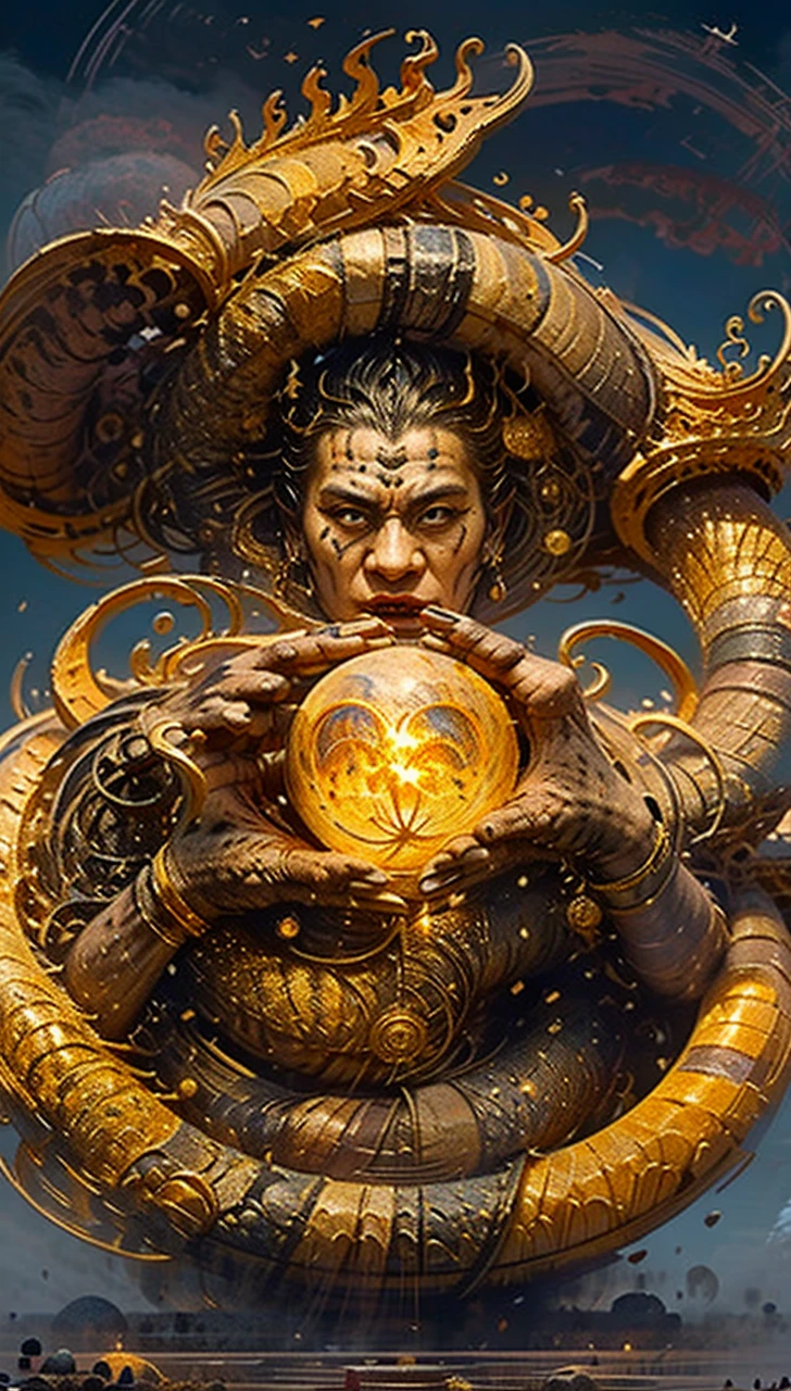 Create a legendary image similar to a Thai giant with a full face, black skin, ancient pattern. Gold-colored jewelry with two large hands holding a large yellow moon in a semi-circular mouth. The air is filled with swirling clouds. Dynamic light sources in the background. Take wide-angle photos Unlimited details, Realistic 64K UHD with cinematic lighting