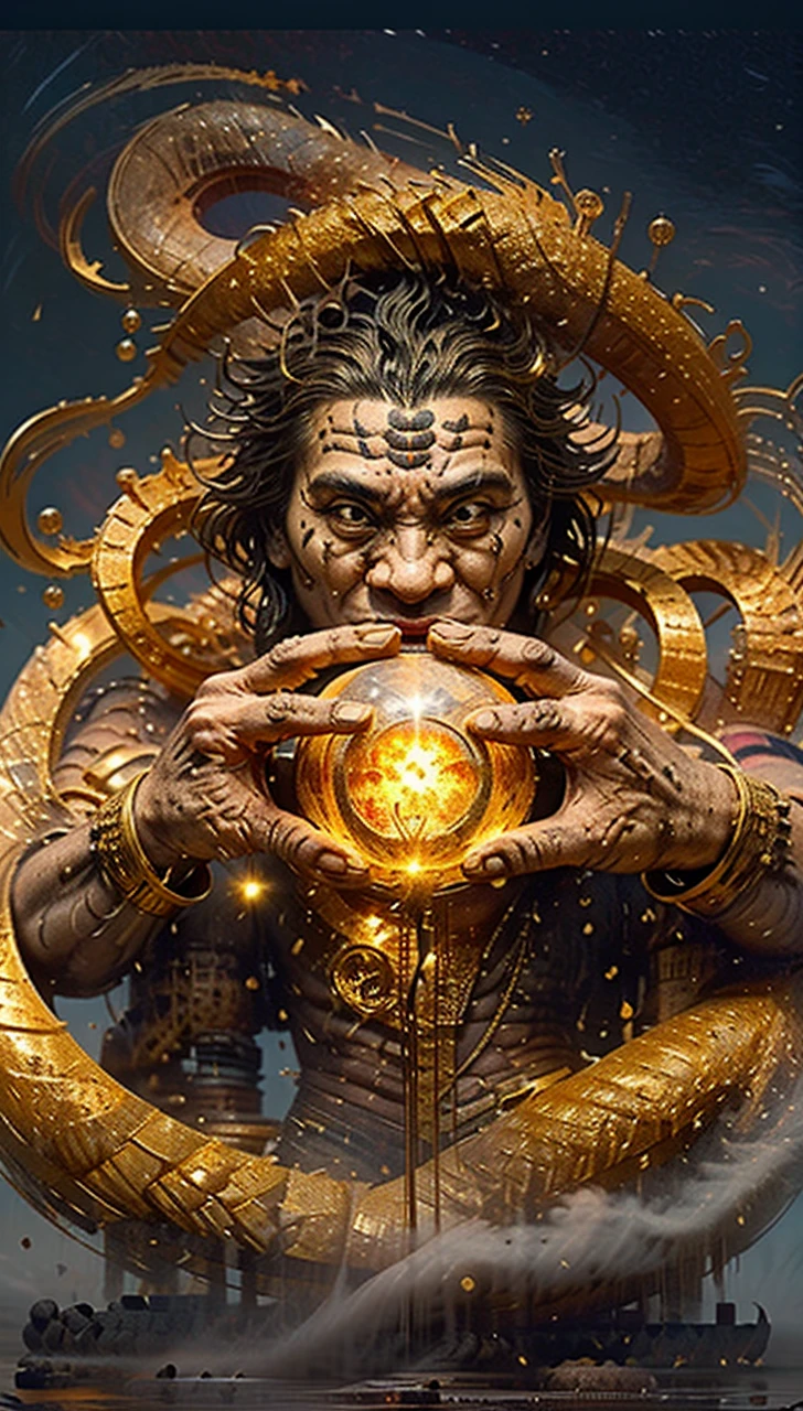Create a legendary image similar to a Thai giant with a full face, black skin, ancient pattern. Gold-colored jewelry with two large hands holding a large yellow moon in a semi-circular mouth. The air is filled with swirling clouds. Dynamic light sources in the background. Take wide-angle photos Unlimited details, Realistic 64K UHD with cinematic lighting