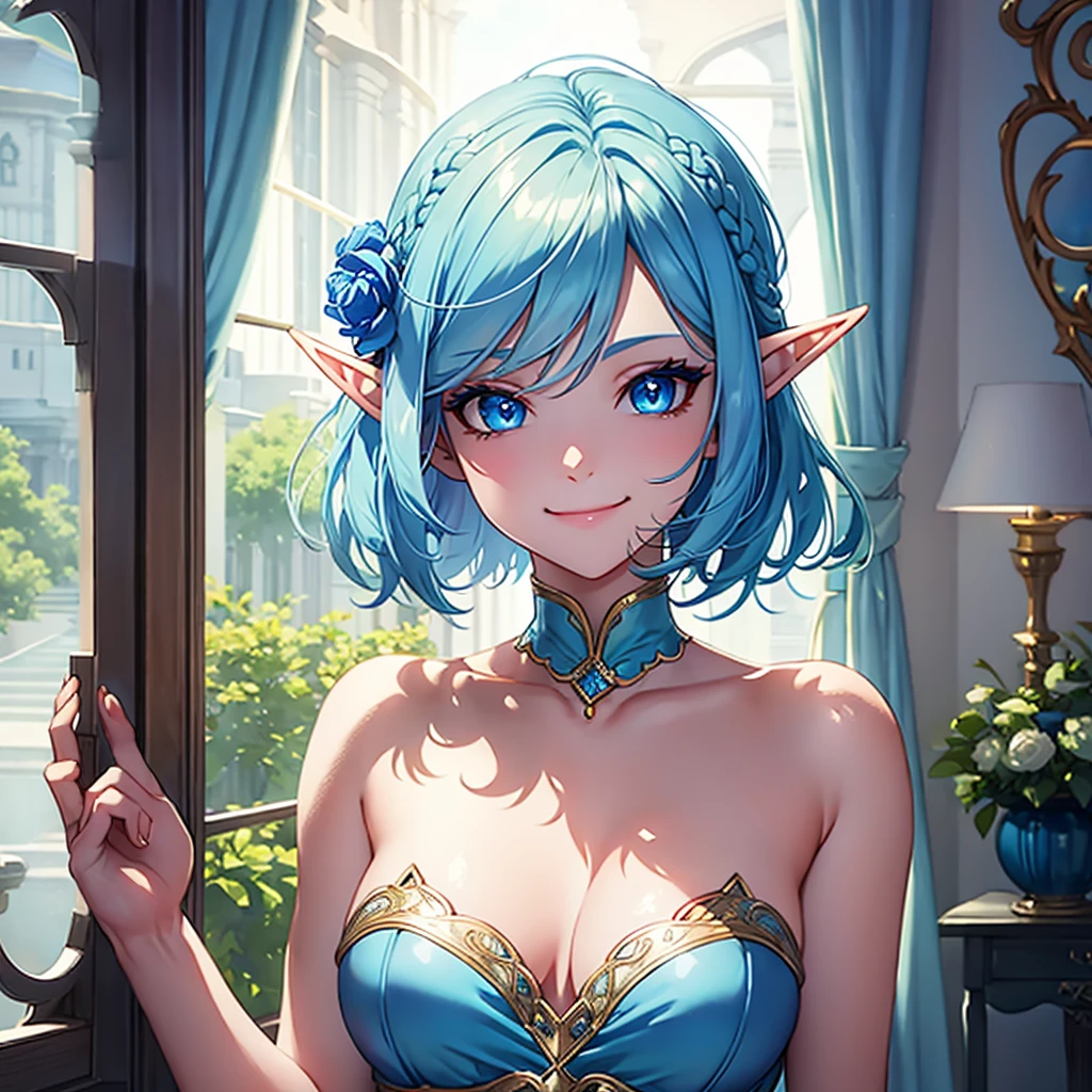 half-elf, light blue hair, blue ballroom dress, smile, blue eyes, done up hair, solo