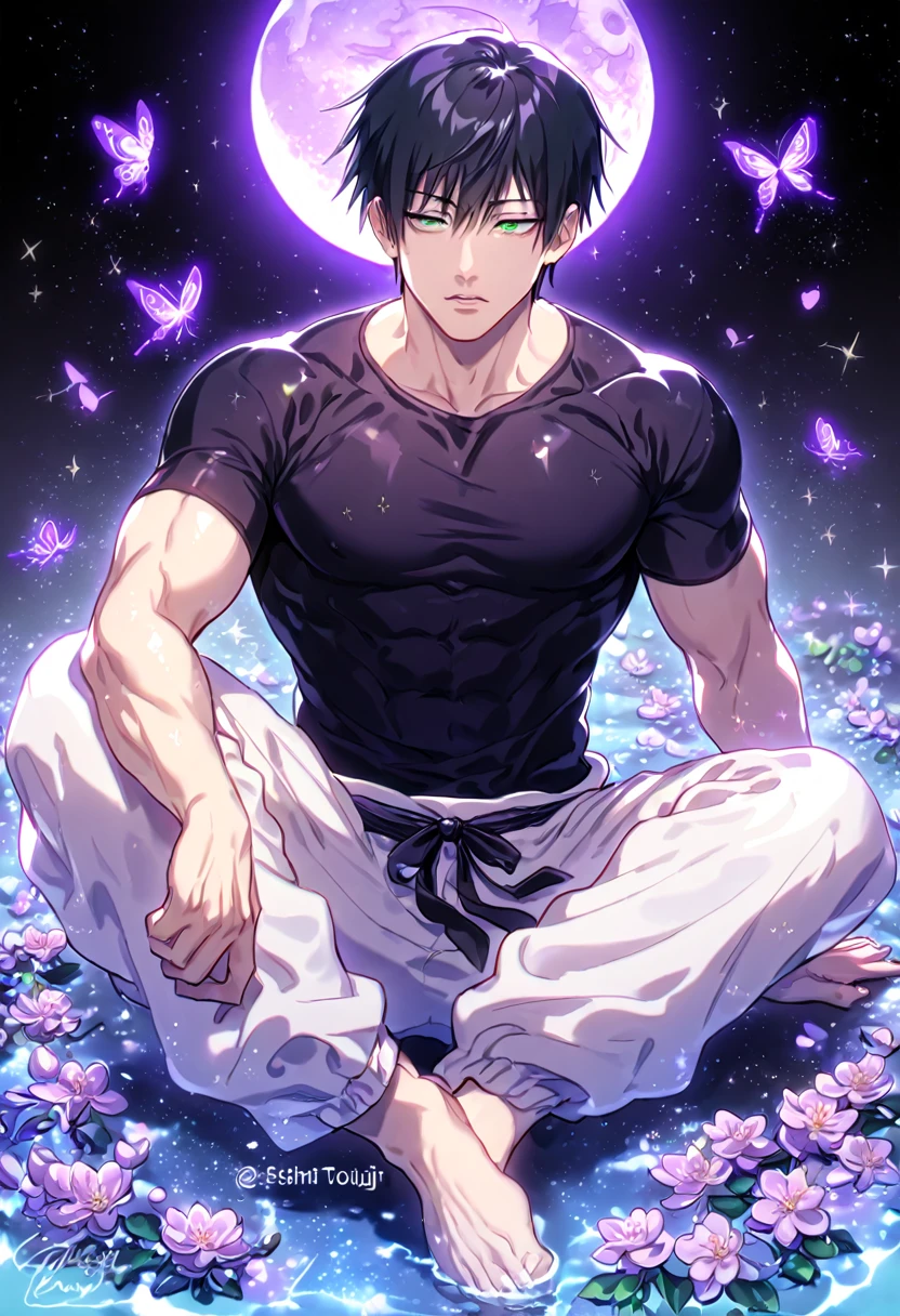 absurdres, highres, ultra detailed, HDR, master piece, best quality, Fushiguro Touji, straight black hair, expressive green eyes, Jujutsu Kaisen, solo, sexy man sitting, handsome, sensual, horny, black tight T-shirt, white baggy pants, water, fantasy, magical, shining, purple flowers, blossoms, purple petals, purple butterflies, sparkling, purple moon, starry sky, manly man
