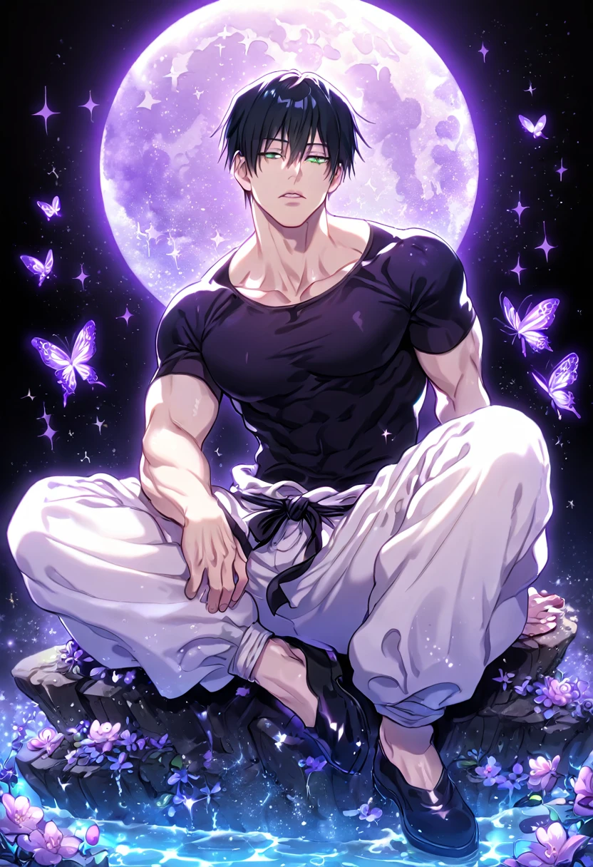 absurdres, highres, ultra detailed, HDR, master piece, best quality, Fushiguro Touji, straight black hair, expressive green eyes, Jujutsu Kaisen, solo, sexy man sitting, handsome, sensual, horny, black tight T-shirt, white baggy pants, water, fantasy, magical, shining, purple flowers, blossoms, purple petals, purple butterflies, sparkling, purple moon, starry sky, manly man
