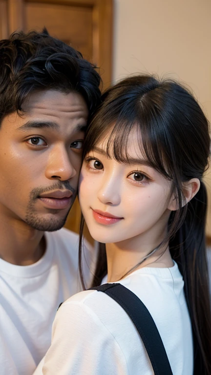 girl, twintail hair with bangs, cute , with black man bf kisse