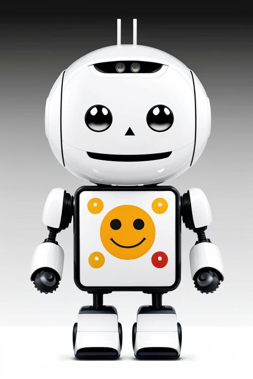 I would like to request a design for a small, cheerful robot with a simple design and a white background. The robot should be friendly and jolly, something that would appeal to young children who will be watching educational videos. Thank you! (Cartoon)