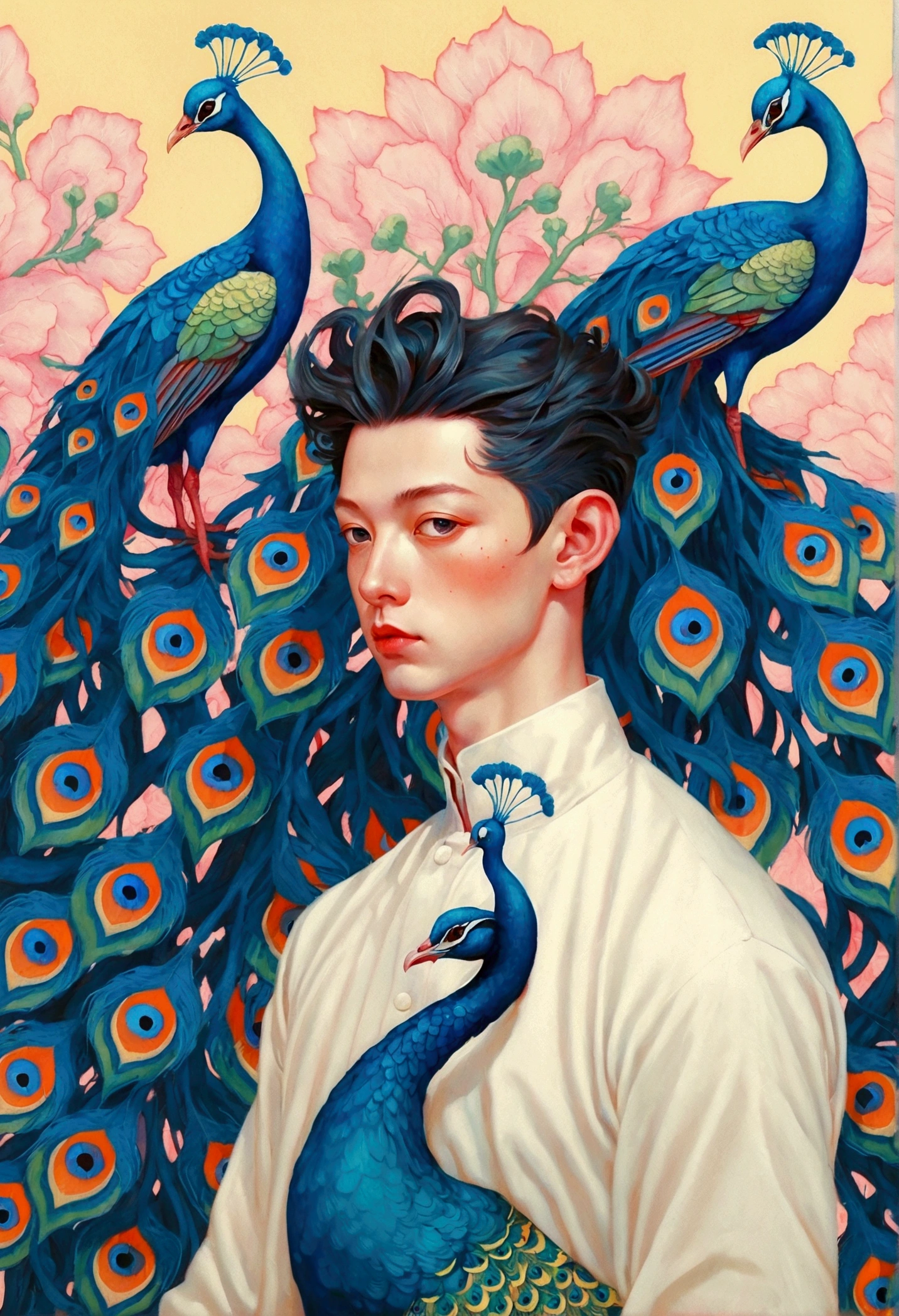 Pastel Art:A painting by Alafid,There is a man in the painting,With a peacock's tail and eyes, James Jean style, James Jean andrei riabovitchev, James Jean and wlop, James Jean soft light 4k, James Jean soft light 4 k, James Jean marc, style of James Jean, James Jean art, James Jean artwork, James Jean ”, James Jean!
