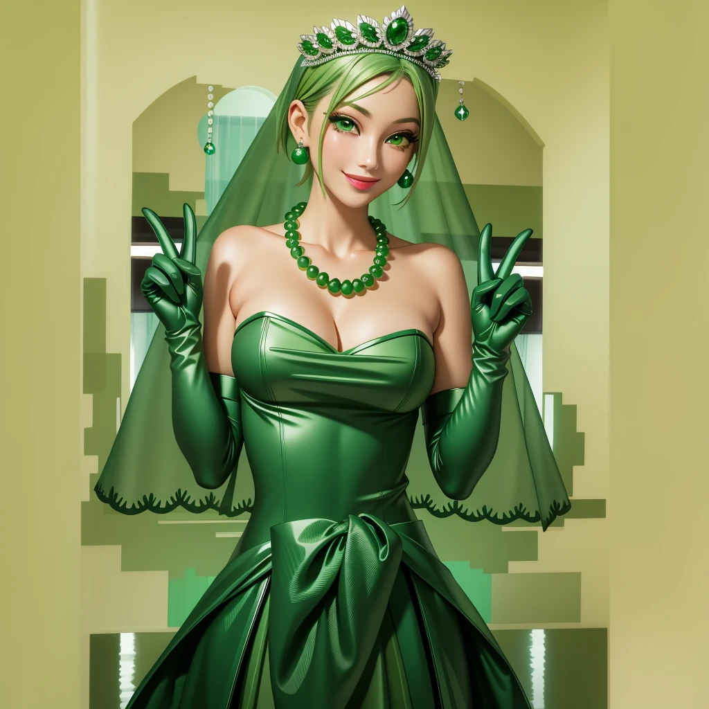 Emerald tiara, Green Pearl Necklace, ボーイッシュな非常に短いGreen Hair, Green Lips, Smiling Japanese woman, Very short hair, Busty beautiful lady, Green Eyes, Green satin long gloves, Green Eyes, Emerald Earrings, Green veil, all, Green Hair, Beautiful Japanese Women, green lip gloss