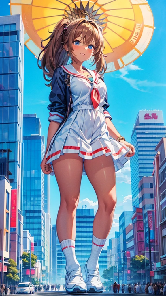 Composition viewed from below　blue sky　cumulonimbus　Sun light　masterpiece　((Brown skin))　((Sunburn))　Anime Style　Delicate painting　4K　90's　giant　Multiple Girls　crowd　 　　Metropolis　　　crowd　Crowd of people　((A giant schoolgirl standing in the valley of a skyscraper city))　Metropolis　Tokyo Akihabara Electric Town　Big Breasts　White Sailor Suit　　Her underwear is visible　Sweating profusely　Splash　sneakers　White socks　watch　Black Hair　　smile　　female giant giant girl Whole body 　 Crowd Unreal Engine,cleavage ,a drawing of a , earrings, long hair,Cute picture　Beauty　Analog style　whole body　sneakers