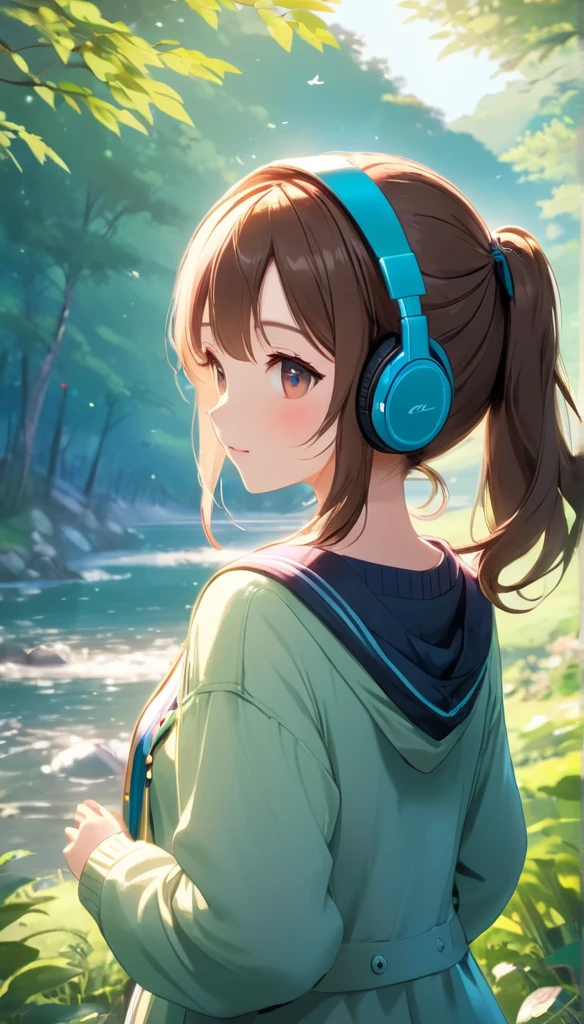 High resolution、high quality、colorful、animation、Beautiful Nature、Rear View、Listening to music、One girl,