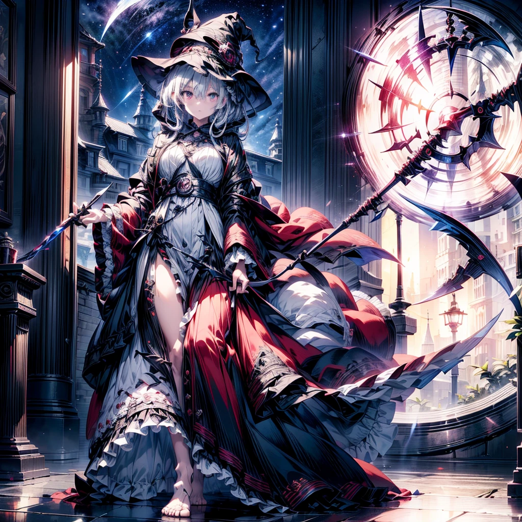 score_9, score_8_superior, score_7_superior, sauce_anime, masterpiece, Highest quality, High resolution, Highly detailed CG, Absurd, In the dark night, Midnight, indoor, in a dark and mysterious mansion, One girl, alone, ((Expressionless)), A Magus girl with white hair With a lantern and carry a magical Sickle, Witch Hat, Frilled short skirt, red and black outfit, Sickle, テーブルのsuperiorの頭蓋骨, Decorate the walls with bones, black_theme, Candela, ((mysterious)), ((Occultism)), (black_magic),For more information, click here XL,(((Perfect hands))), ((With a lantern)),((indoor))