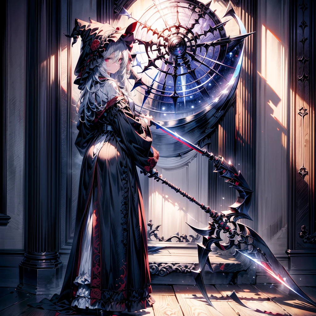score_9, score_8_superior, score_7_superior, sauce_anime, masterpiece, Highest quality, High resolution, Highly detailed CG, Absurd, In the dark night, Midnight, indoor, in a dark and mysterious mansion, One girl, alone, ((Expressionless)), A Magus girl with white hair With a lantern and carry a magical Sickle, Witch Hat, Frilled short skirt, red and black outfit, Sickle, テーブルのsuperiorの頭蓋骨, Decorate the walls with bones, black_theme, Candela, ((mysterious)), ((Occultism)), (black_magic),For more information, click here XL,(((Perfect hands))), ((With a lantern)),((indoor))