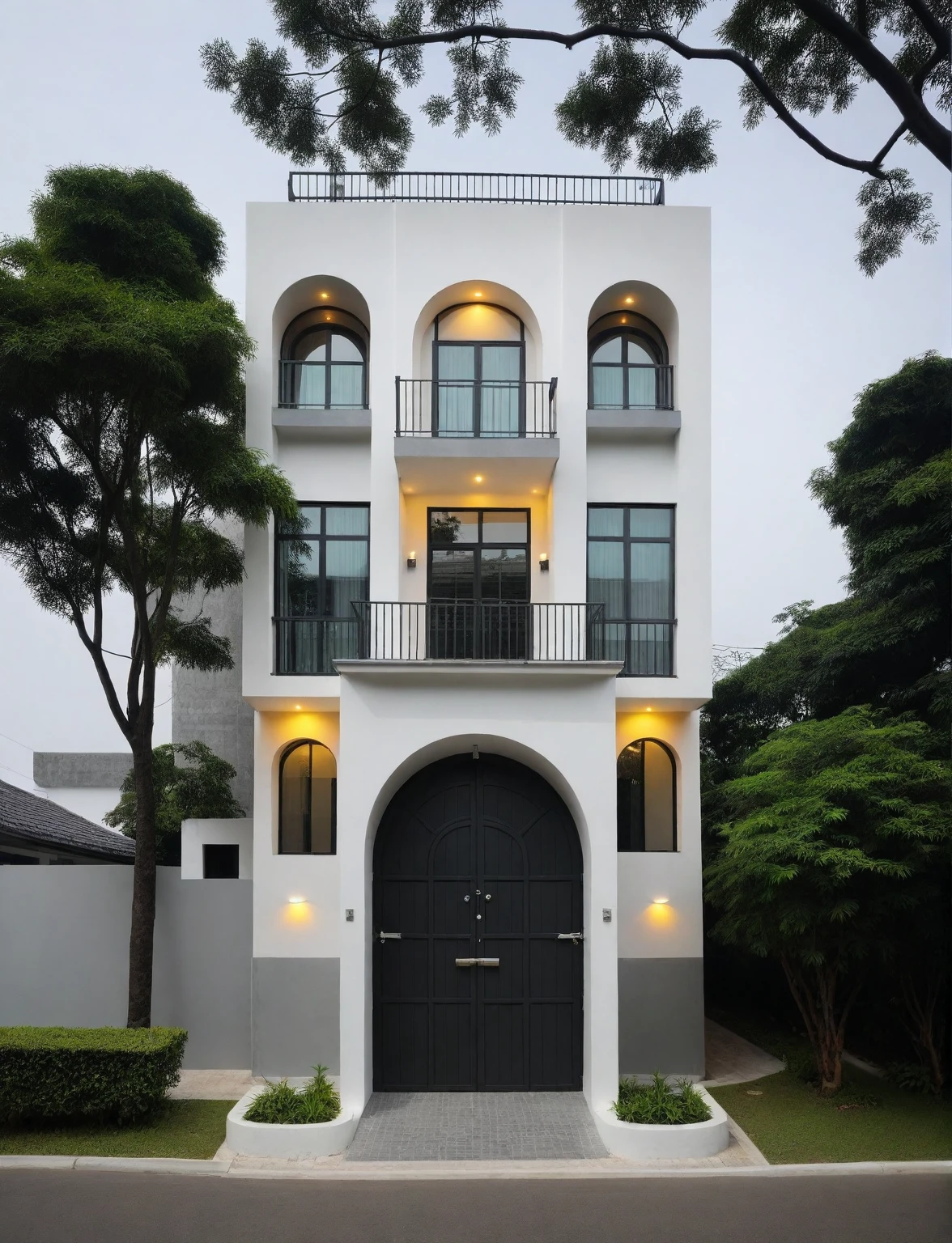 RAW photo, a photo of a modern house, (curvilinear chrchitecture:1.4), Wabisabi style rounded wall, white wall, steel dark gate, sidewalk, sidewalk trees, ((grey gate:1.2)), road, viet nam modern residence, ((architectural shot)), rough white wall, new residential area, wide angle exterior 2022, contemporary house, exterior photography, masterpiece, contemporary architecture, overcast, indirect lighting