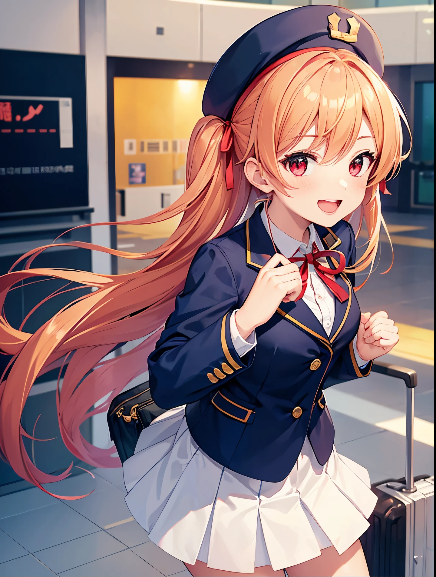 Idol-like anime character, cute, big smile, mouth raised wide, cute and cheerful expression, short blond twin-tail hair, red ribbon worn, small breasts,
navy blue stewardess uniform, navy blue blazer, long skirt,
Greeting, Airplane flying over airport lobby background, .
5 fingers, two hands, high quality fingers, focus on face.

Focus on face. Red eyes, five fingers, two hands. No shadow on background, high quality, No shadow on background, high quality, high quality