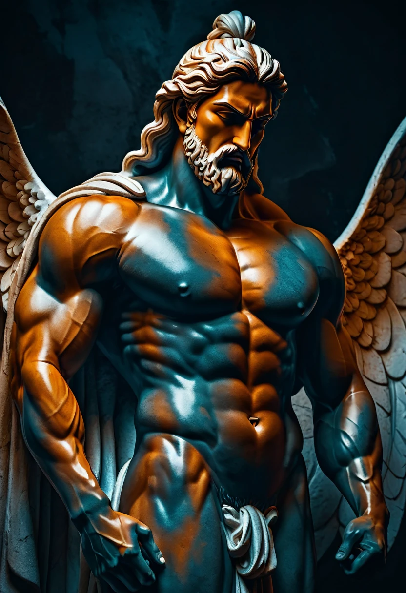 Greek god white stone statue in a dark studio, perfect muscular body statue, man statue, minimal background, classic physique. Use a monochromatic color scheme with subtle variations in tone to emphasize the subject’s emotional state. Incorporate delicate textures and fine details to enhance the sense of stillness and introspection.