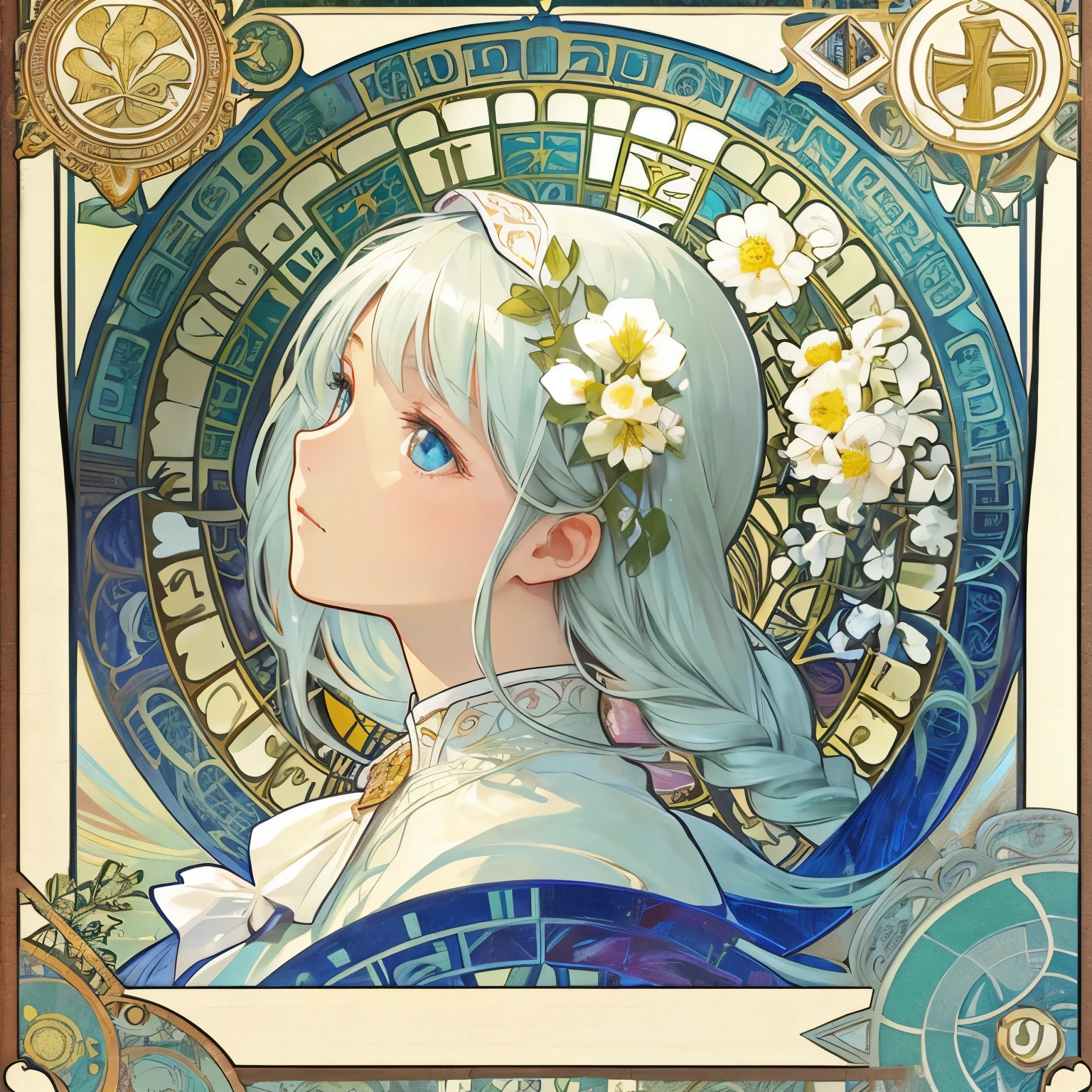 1 girl, (masterpiece, highest quality, highest quality, beautiful and aesthetic: 1.2), (1 girl: 1.3), flower, delicate clothing, square picture frame, ((face)), cool face, beautiful white flower flowing background,(Alphonse Mucha's),Gradient color hairstyle, Ultra-detailed, Soft Light, Gentle colors, solo, white long hair, Dutch Angle, frame, profile, short neck,Crown, Church Clothes, Dutch Angle,