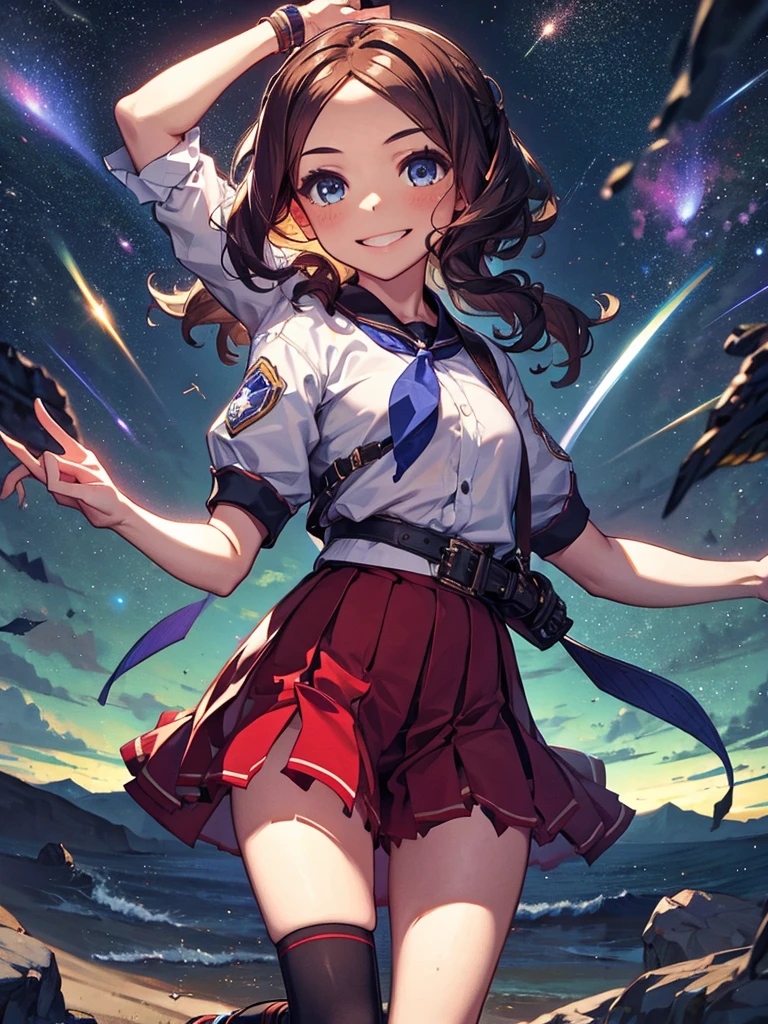 1 girl,Highest quality,((Highest quality)),((Tabletop)),((Perfect Face)),1 girl,smile,beauty,((Holographic)),Shooting stars flow,Fantastic,Cinematic,Like the cover of a movie