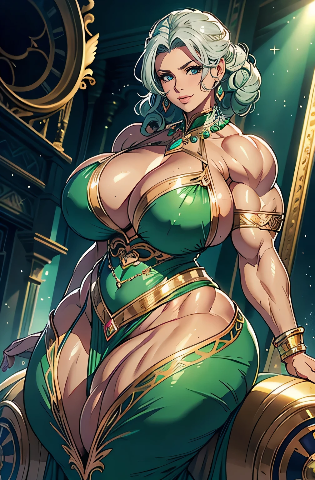 Highest quality, Solo Mature, Huge breasts, Huge Ass, Very curvaceous, Sunburned skin, ballroom dance hairstyle, Pastel green eyes, Fuller lips, Fascinating, smile, ballroom dress, Long gloves, Silver Jewelry, Beads in hair, Roses on a dress, Curvaceous physique, Thick thighs, (((((Huge muscles)))))