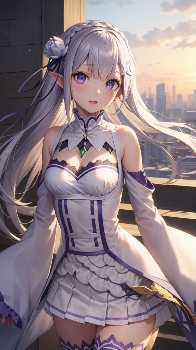 rezeroemilia, emilia, braid, crown braid, flower, hair flower, hair ornament, hair ribbon, long hair, pointy ears, (purple eyes:1.2), white hair, x hair ornament,
BREAK detached collar, detached sleeves, frilled sleeves, frills, long sleeves, miniskirt, pleated skirt, ribbon, skirt, thighhighs, white skirt, white sleeves, white thighhighs, wide sleeves, zettai ryouiki,
BREAK outdoors, city,
BREAK looking at viewer, BREAK (masterpiece:1.2), best quality, high resolution, unity 8k wallpaper, (illustration:0.8), (beautiful detailed eyes:1.6), extremely detailed face, perfect lighting, extremely detailed CG, (perfect hands, perfect ???????),
