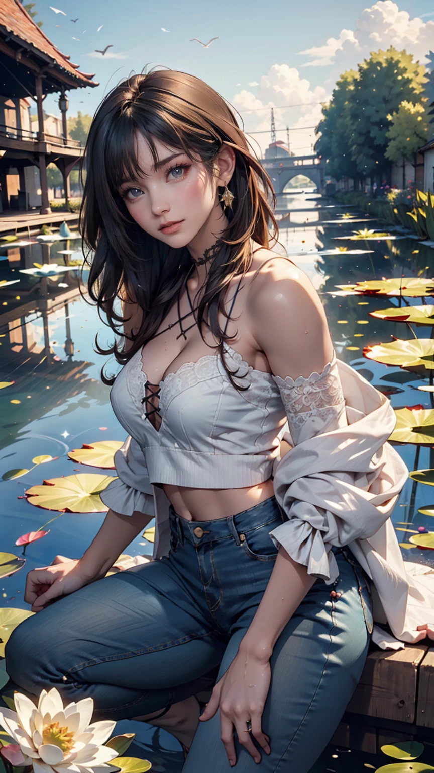 24-year-old female、Semi-long hair、black eye、Off-the-shoulder top with lace embellishment、Skinny jeans、Lace-up sandals、Model pose、Claude Monet、water lily、Blue skies in the French countryside、