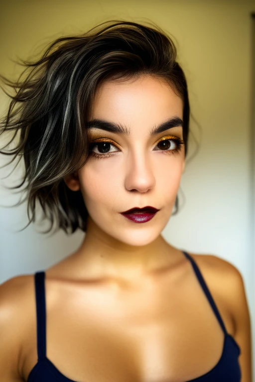 Beautiful young 22 yrs woman, (close-up, editorial photograph), [[wide angle photo]], (background inside dark, moody, private study:1.3), full body portrait, by lee jeffries, nikon d850, film stock photograph, 4 kodak portra 400, camera f1.6 lens, rich colors, hyper realistic, lifelike texture, dramatic lighting, cinestill 800. micro bob with undercut hair, Dyed platinum hair, Dark Hazel eyes, Eye contact

