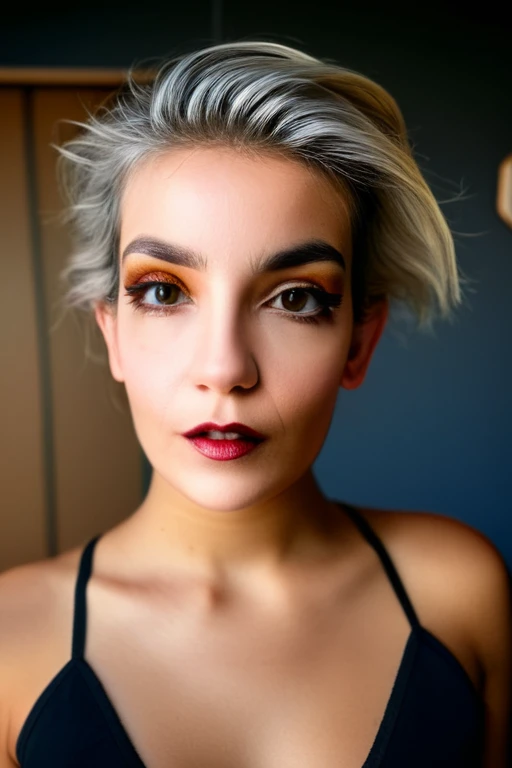 Beautiful young 22 yrs woman, (close-up, editorial photograph), [[wide angle photo]], (background inside dark, moody, private study:1.3), full body portrait, by lee jeffries, nikon d850, film stock photograph, 4 kodak portra 400, camera f1.6 lens, rich colors, hyper realistic, lifelike texture, dramatic lighting, cinestill 800. micro bob with undercut hair, Dyed platinum hair, Dark Hazel eyes, Eye contact

