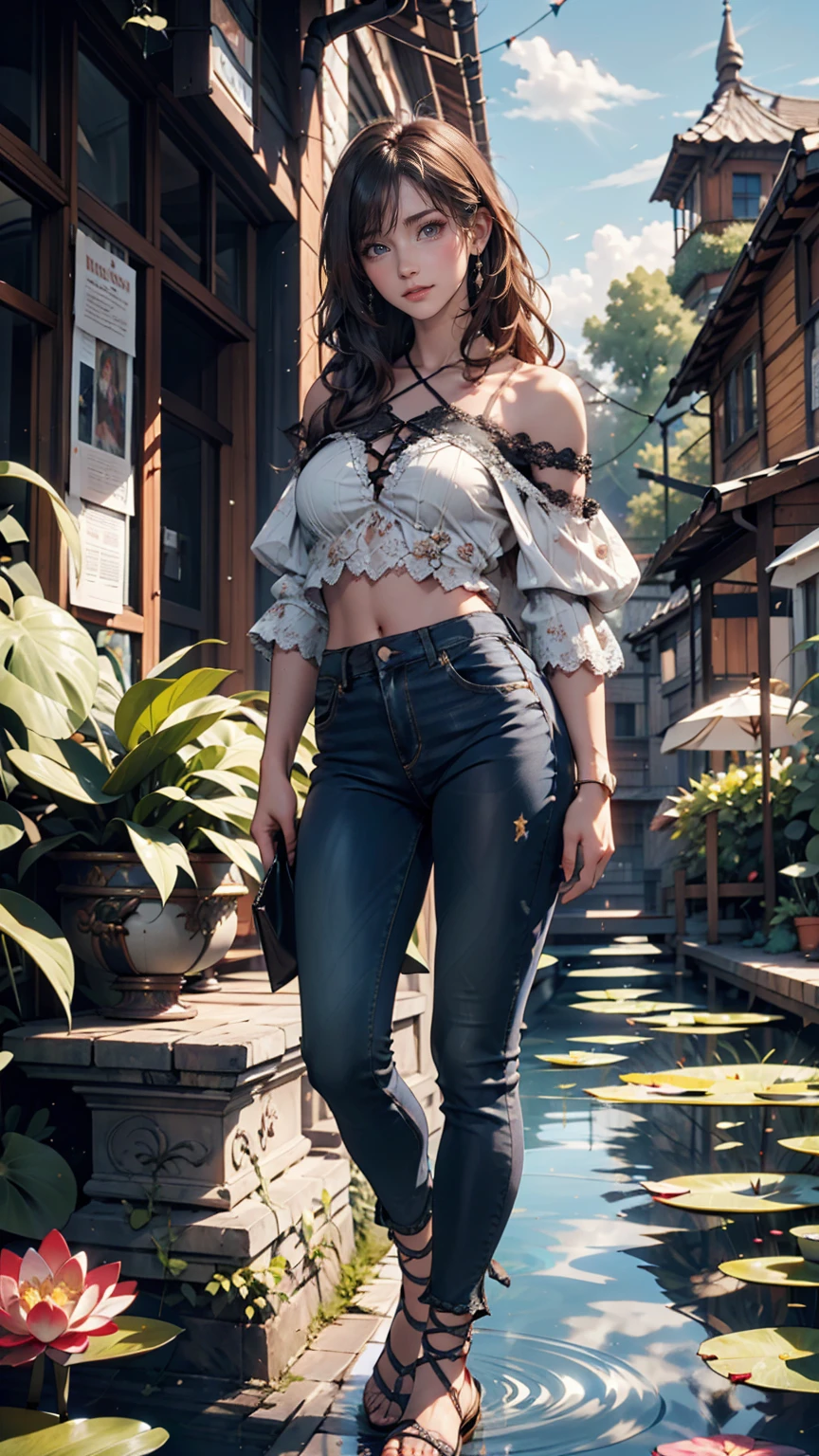 24-year-old female、Semi-long hair、black eye、Off-the-shoulder top with lace embellishment、Skinny jeans、Lace-up sandals、Model pose、Claude Monet、water lily、Blue skies in the French countryside、