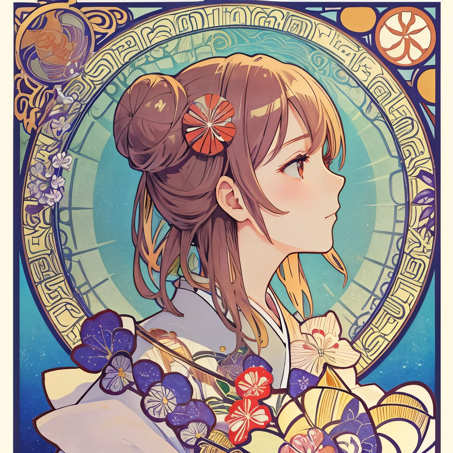 1 girl, (masterpiece, highest quality, highest quality, beautiful and aesthetic: 1.2), (1 girl: 1.3), flower, delicate clothing, square picture frame, ((face)), cool face, beautiful lots sakura flowing background,(Alphonse Mucha's),Gradient color hairstyle, Ultra-detailed, Soft Light, Gentle colors, solo, colorful japanese clothes, bun hair, medium hair, Dutch Angle, frame, Ukiyo-e, profile