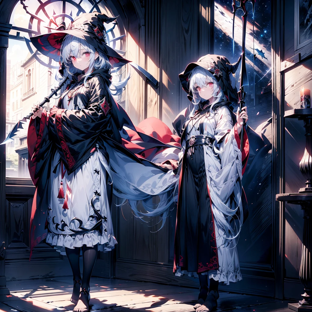 score_9, score_8_superior, score_7_superior, sauce_anime, masterpiece, Highest quality, High resolution, Highly detailed CG, Absurd, In the dark night, Midnight, indoor, in a dark and mysterious mansion, One girl, alone, ((Expressionless)), A Magus girl with white hair With a lantern and carry a magical Sickle, Witch Hat, Frilled short skirt, red and black outfit, Sickle, テーブルのsuperiorの頭蓋骨, Decorate the walls with bones, black_theme, Candela, ((mysterious)), ((Occultism)), (black_magic),For more information, click here XL,(((Perfect hands))), ((With a lantern)),((indoor))