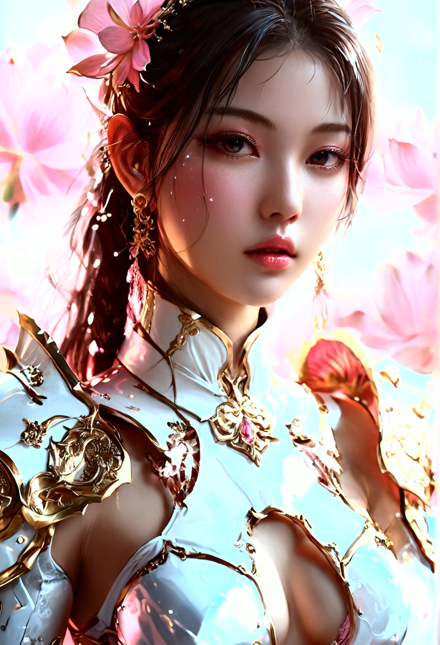 Sexy woman in white gold and pink lotus lace armor dress, Pan Chengwei on artstation, author:Yang J, Detailed fantasy art, Stunning character art, Fan Art Best Artstation, Epic and beautiful character art, Beautiful armor, Extremely detailed Artgerm, Detailed digital anime art, artstation pixiv download artgerm, Armor Girl, Cleavage big breasts:1.2, (mini skirt:1,5)