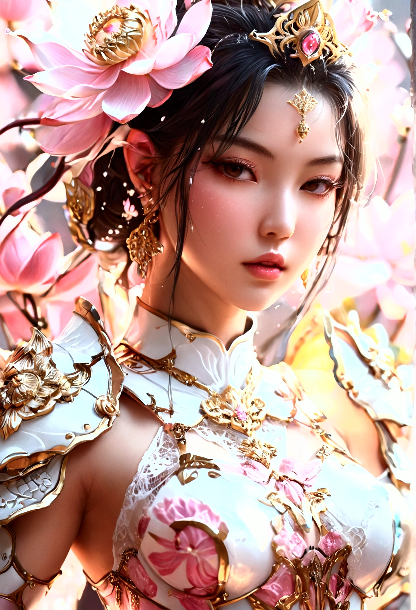 Sexy woman in white gold and pink lotus lace armor dress, Pan Chengwei on artstation, author:Yang J, Detailed fantasy art, Stunning character art, Fan Art Best Artstation, Epic and beautiful character art, Beautiful armor, Extremely detailed Artgerm, Detailed digital anime art, artstation pixiv download artgerm, Armor Girl, Cleavage big breasts:1.2, (mini skirt:1,5)