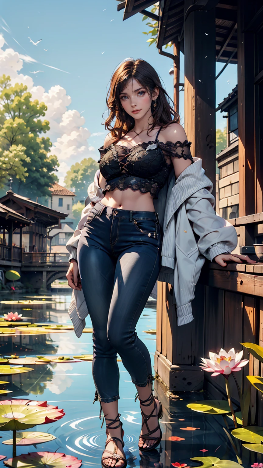 24-year-old female、Semi-long hair、black eye、Off-the-shoulder top with lace embellishment、Skinny jeans、Lace-up sandals、Model pose、Claude Monet、water lily、Blue skies in the French countryside、