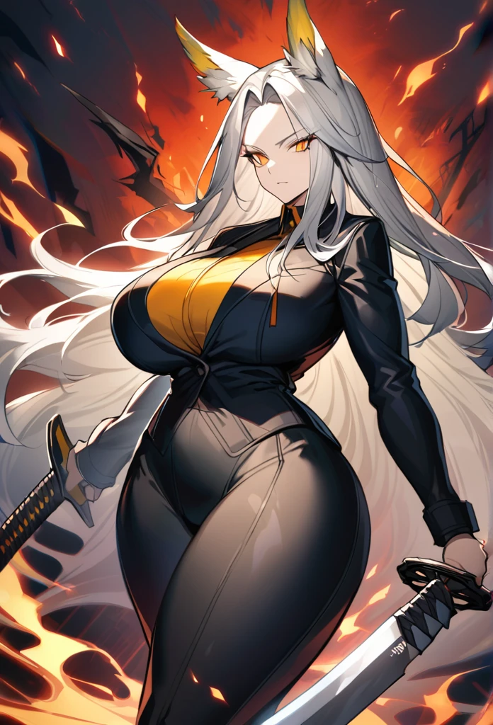 Hellagur(Arknights),grey hair,feather ears,curvy body,wearing general suit, wielding big katana(blade), big breast,big thighs,flame background,midnight setting.
