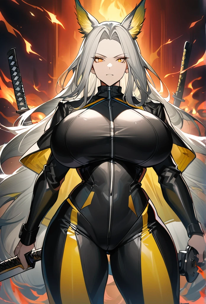 Hellagur(Arknights),grey hair,feather ears,curvy body,wearing general suit, wielding big katana(blade), big breast,big thighs,flame background,midnight setting.
