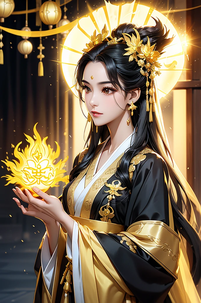 Black Hair, Immortal, Beauty, Royal sister, Stepmother, Gold Yellow Taoist robe, Golden Phoenix Coronet, Hair Bunch, Beautiful  , Mature Woman，Sunshine