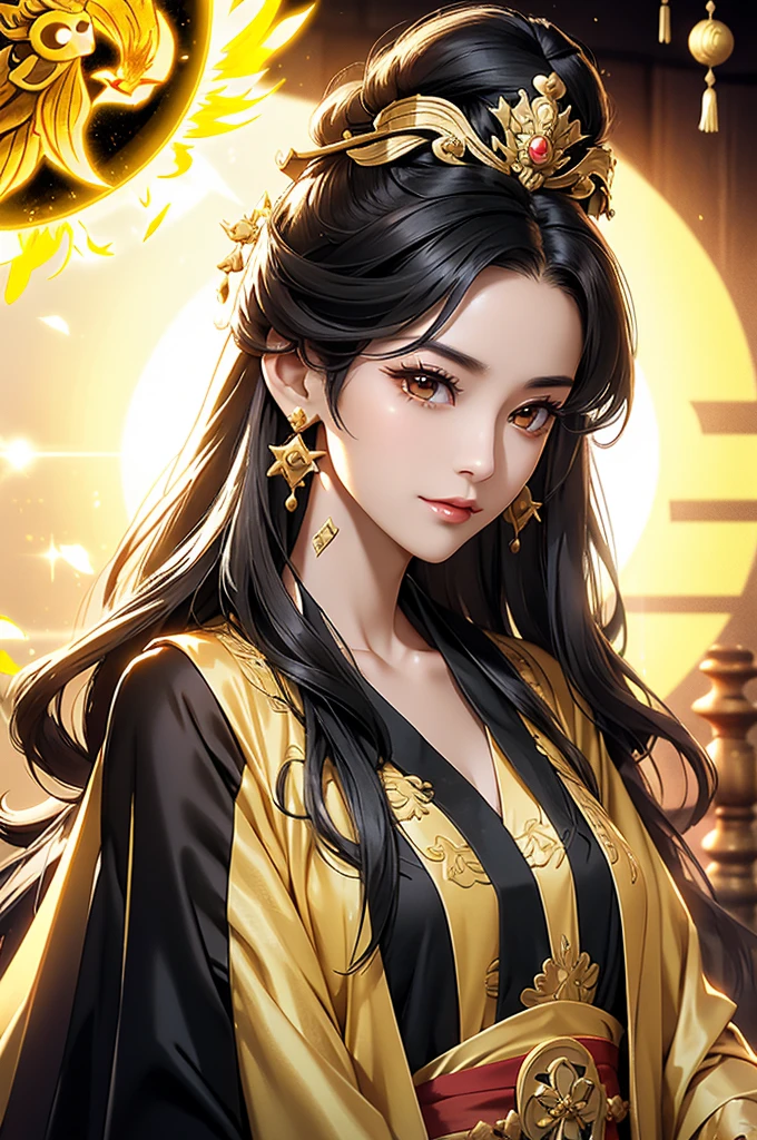 Black Hair, Immortal, Beauty, Royal sister, Stepmother, Gold Yellow Taoist robe, Golden Phoenix Coronet, Hair Bunch, Beautiful  , Mature Woman，Sunshine