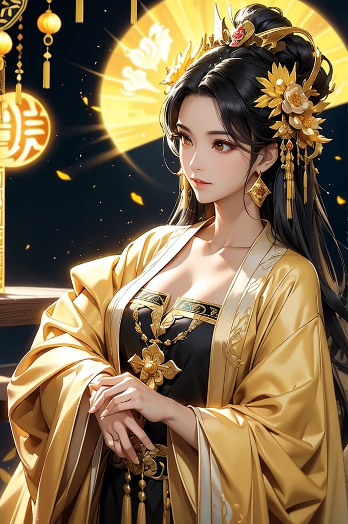 Black Hair, Immortal, Beauty, Royal sister, Stepmother, Gold Yellow Taoist robe, Golden Phoenix Coronet, Hair Bunch, Beautiful  , Mature Woman，Sunshine