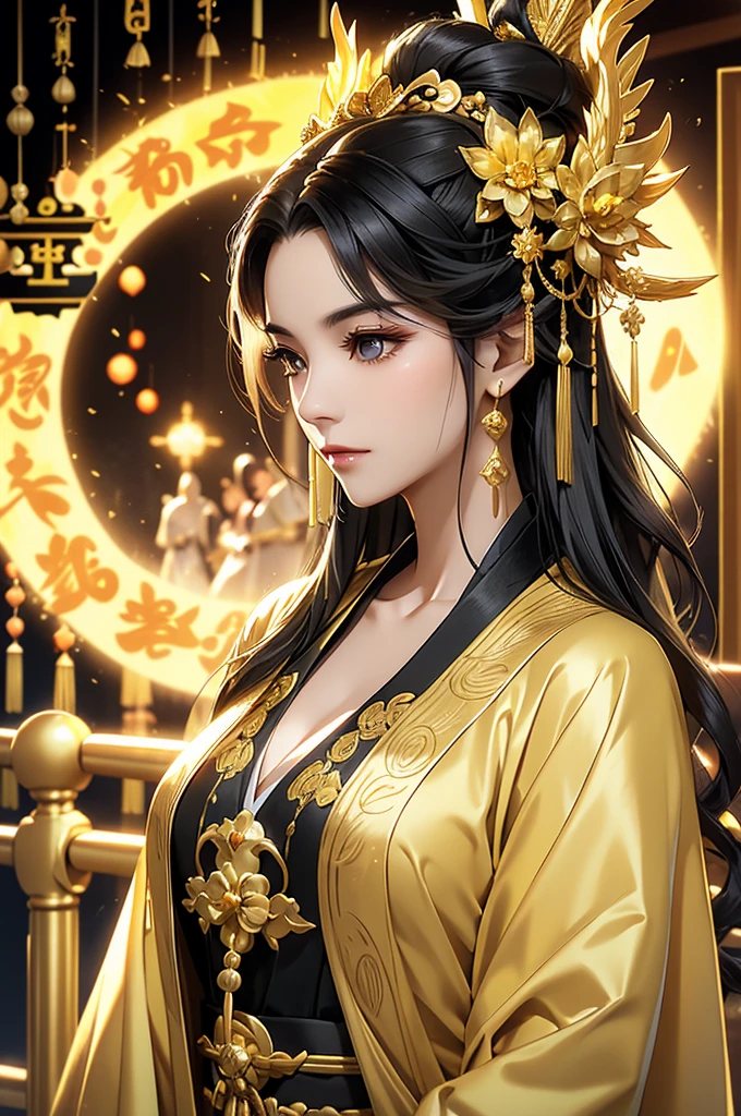 Black Hair, Immortal, Beauty, Royal sister, Stepmother, Gold Yellow Taoist robe, Golden Phoenix Coronet, Hair Bunch, Beautiful  , Mature Woman，Sunshine