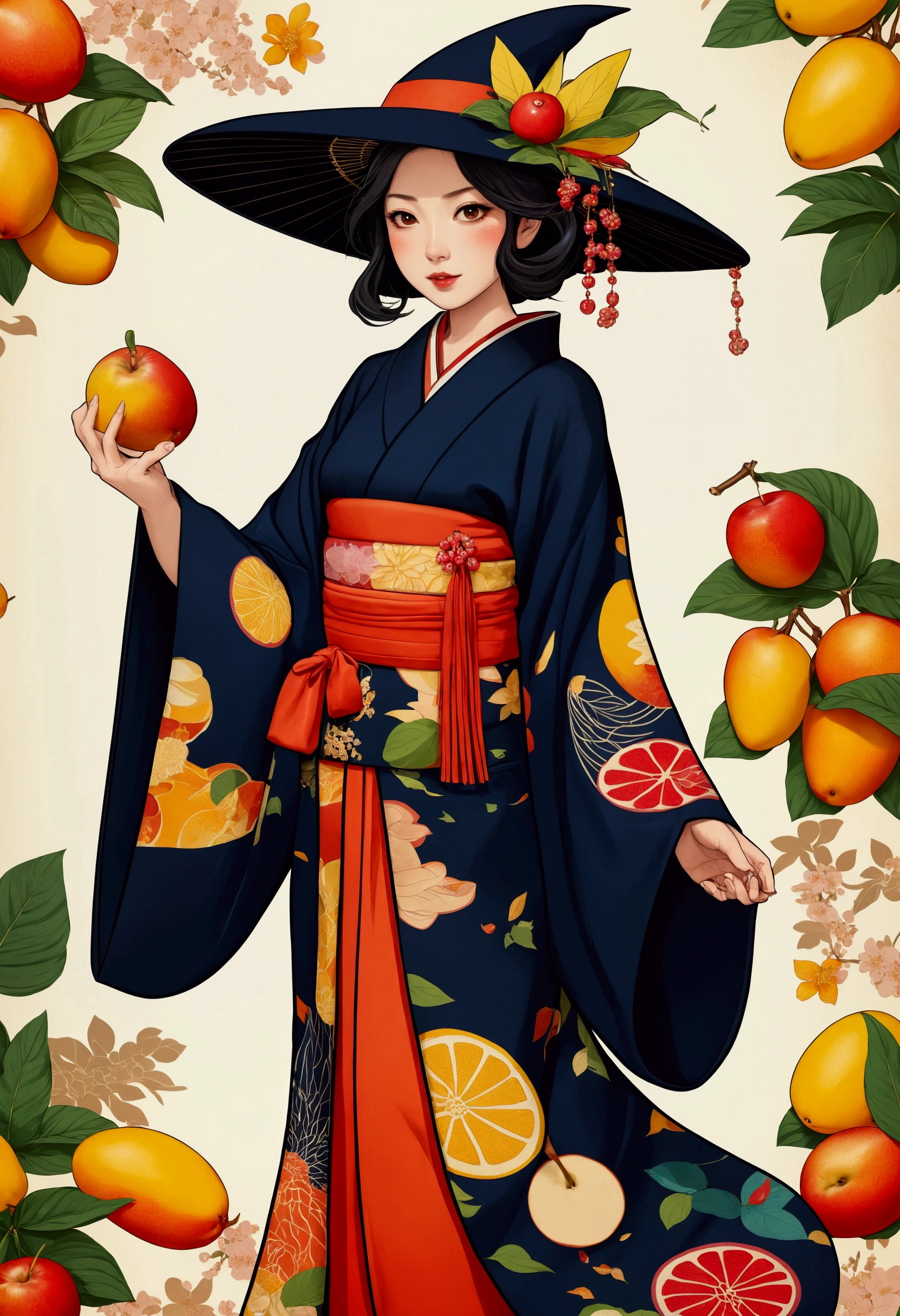 Japanese women's kimono cartoon witch with fruit mango elements