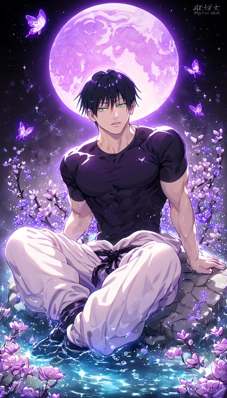 absurdres, highres, ultra detailed, HDR, master piece, best quality, Fushiguro Touji, straight black hair, expressive green eyes, Jujutsu Kaisen, solo, sexy man sitting, handsome, sensual, horny, black tight T-shirt, white baggy pants, water, fantasy, magical, shining, purple flowers, blossoms, purple petals, purple butterflies, sparkling, purple moon, starry sky, manly man