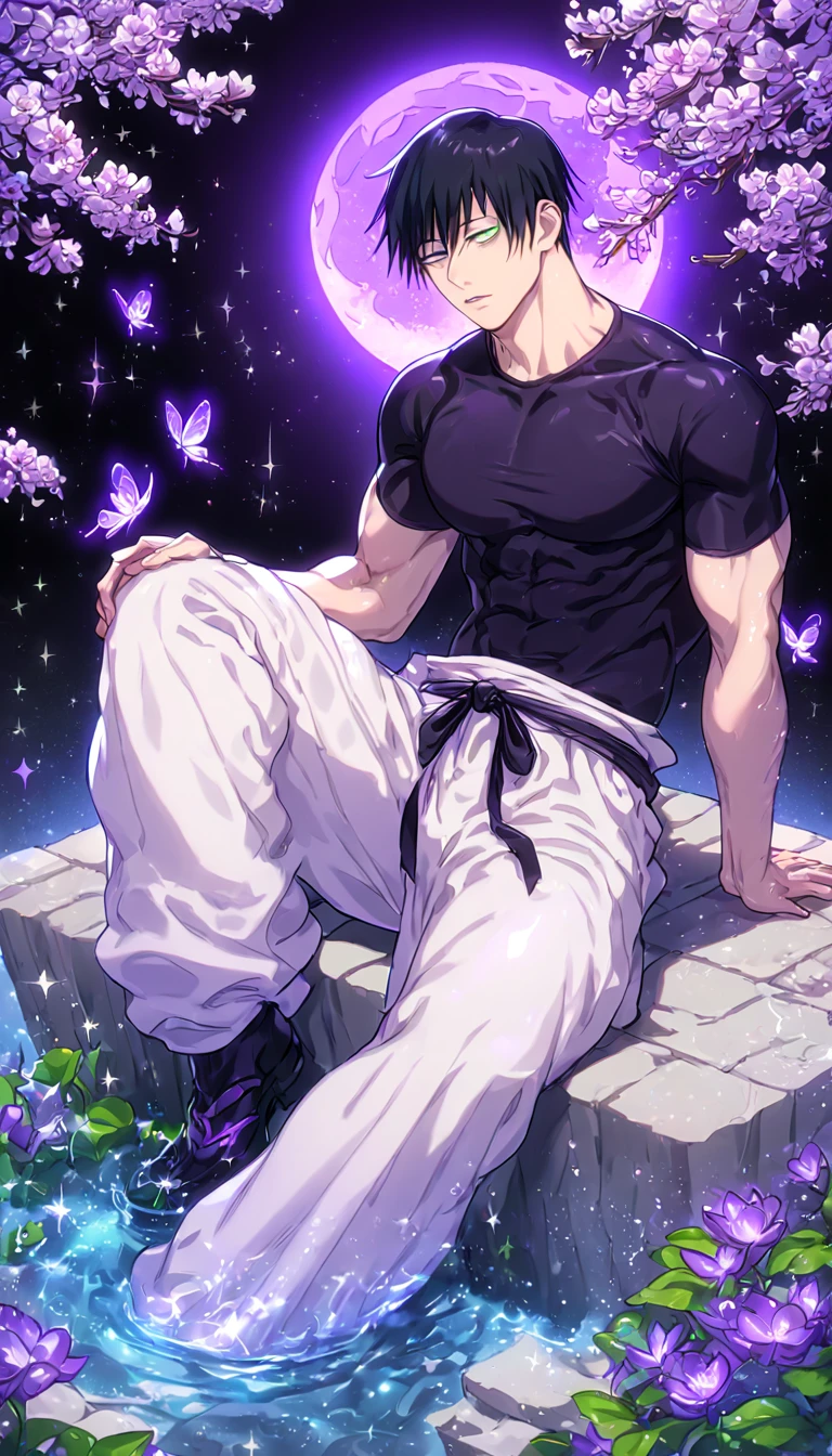 absurdres, highres, ultra detailed, HDR, master piece, best quality, Fushiguro Touji, straight black hair, expressive green eyes, Jujutsu Kaisen, solo, sexy man sitting, handsome, sensual, horny, black tight T-shirt, white baggy pants, water, fantasy, magical, shining, purple flowers, blossoms, purple petals, purple butterflies, sparkling, purple moon, starry sky, manly man