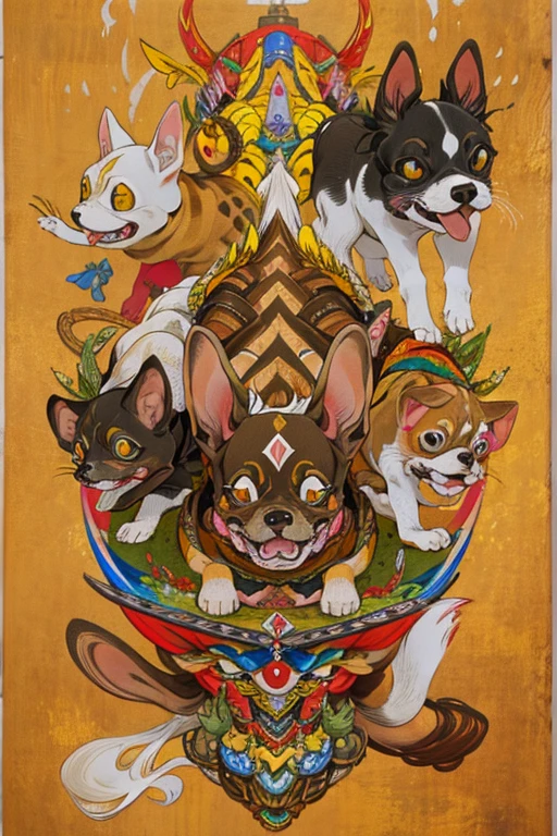 (masterpiece: 1.2, Highest quality),Chihuahua sitting on a Ouija board,Alphabet tattoo on stomach,Dog with a Ouija board、Manga Style, rough sketch, Horror elements,
