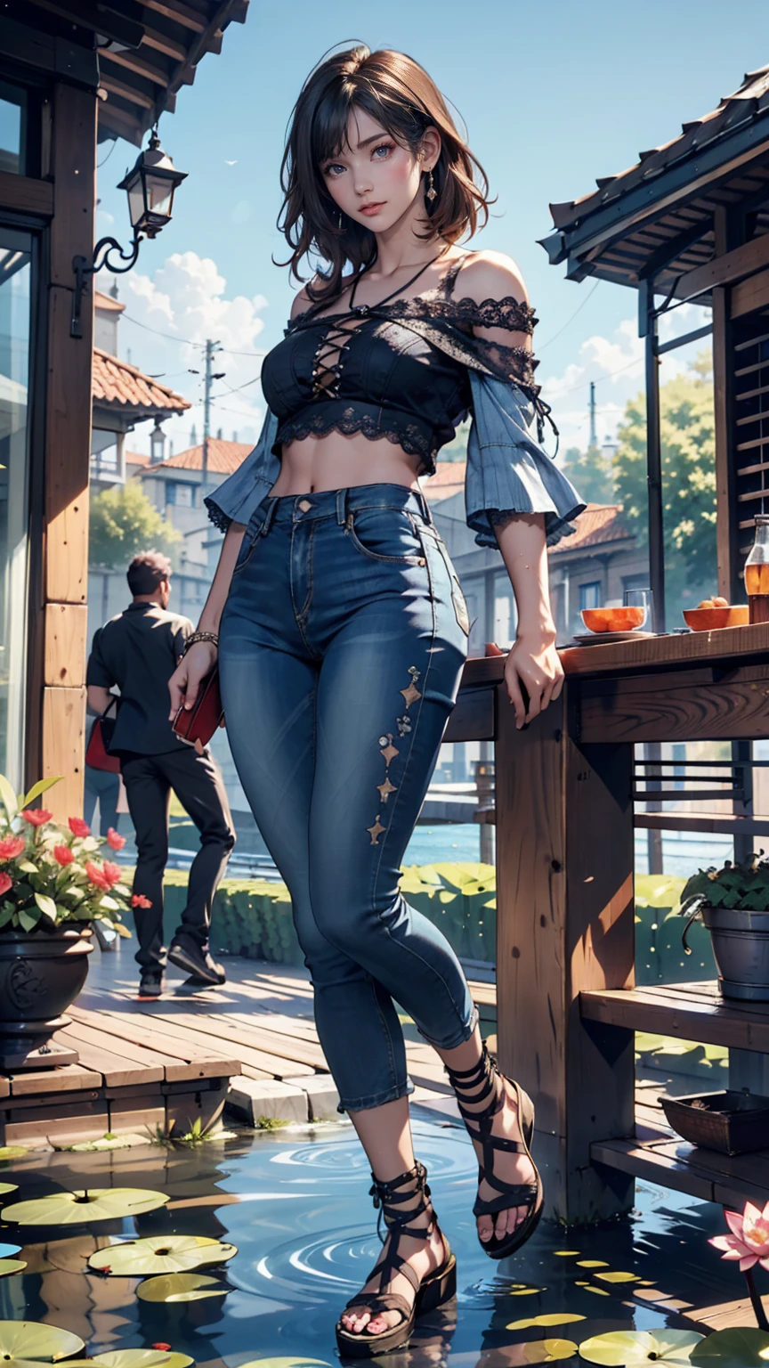 24-year-old female、Semi-long hair、black eye、Off-the-shoulder top with lace embellishment、Skinny jeans、Lace-up sandals、Model pose、Claude Monet、water lily、Blue skies in the French countryside、