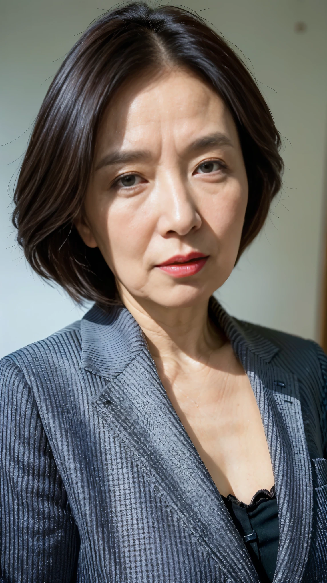 masterpiece, ((Depth of written boundary)), 32K, Beautiful finish, Face close-up, Beautiful mature woman, 65-year-old woman, Photo of your ID, Business Person, director, View from the front, A disdainful look, Cool look, Red lips, Thin lips, suit, Light from the front,